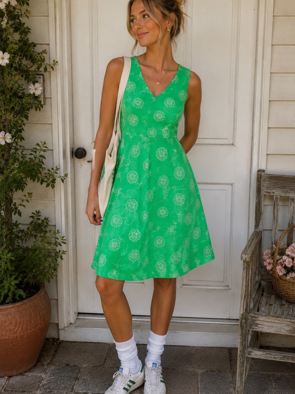Vintage Fresh Produce Green White Floral Cotton Dress Small Made USA 90s Y2K